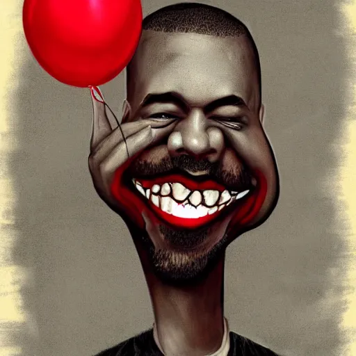 Image similar to grunge painting of kanye with a wide smile and a red balloon by chris leib, loony toons style, pennywise style, corpse bride style, horror theme, detailed, elegant, intricate