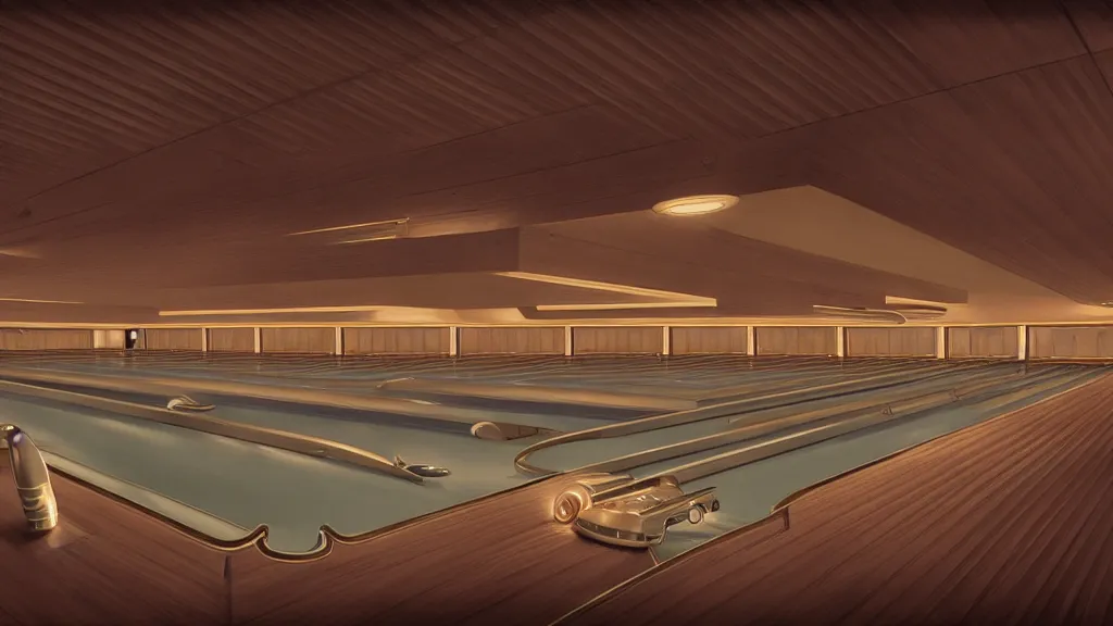 Prompt: art deco bowling alley, ultra detail, photoreal, soft moonlight lighting, realistic, wide angle, sharp focus, 8 k high definition, insanely detailed, intricate, elegant, art by artgerm and wlop