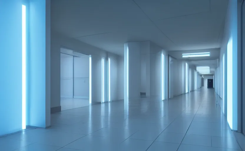 Image similar to an hallway in hospital with soft blue lights in the roof, octane render, artstation trending, highly detailded