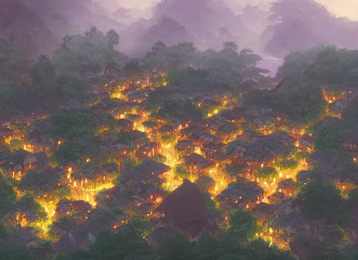 Image similar to concept art painting of a small woodland village at midnight, by a river in a mountain valley seen from above, night time, european japanese buildings, cel shaded, realistic, by makoto shinkai and moebius and anton fadeev and greg rutkowski and james gurney