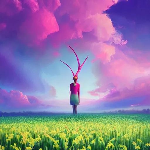 Image similar to giant gladiola flower as head, full body girl standing in a flower field, surreal photography, sunrise, dramatic light, impressionist painting, colorful clouds, digital painting, artstation, simon stalenhag