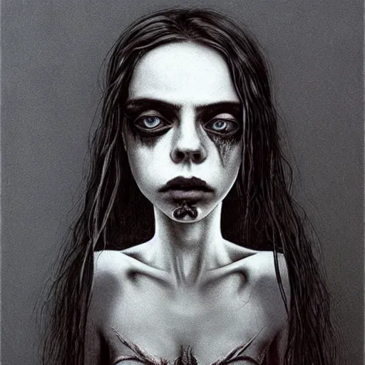 Image similar to grunge drawing of billie eilish by - Zdzisław Beksiński , corpse bride style, horror themed, detailed, elegant, intricate