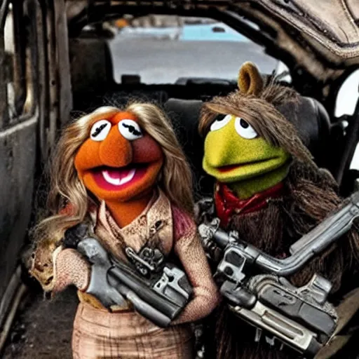 Image similar to the Muppets: mad max, lots of guns, photo