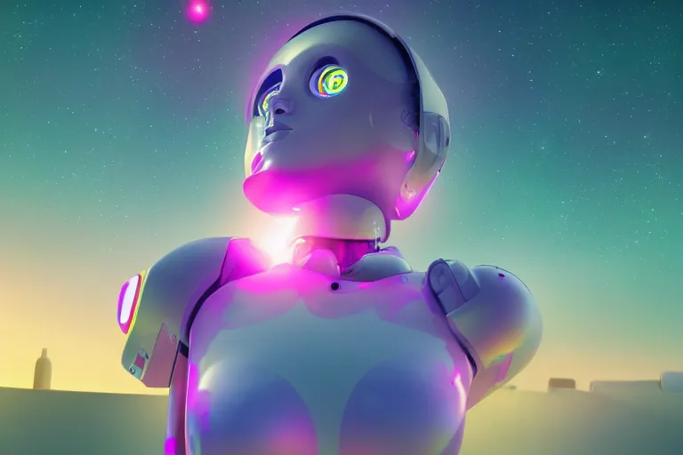 Image similar to a beautiful calm robot girl looking up to the stars, photograph, colorful background, render, 3 d, render, glows, neon, 8 k, 4 d,