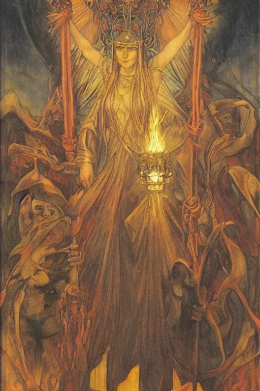 Image similar to queen of the underworld with her lantern and retinue, by Annie Swynnerton and Nicholas Roerich and jean delville, strong dramatic cinematic lighting , ornate headdress , flowing robes, lost civilizations, smooth, sharp focus, extremely detailed