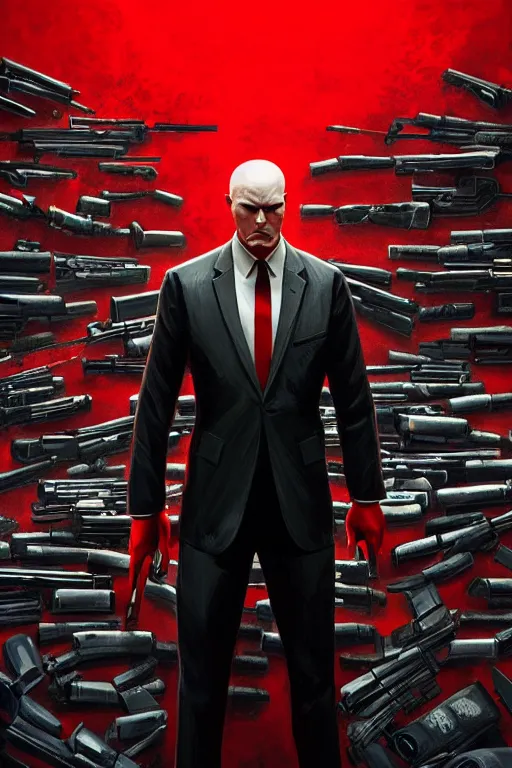 Image similar to a portrait of agent 4 7 from hitman choosing a weapon from a wall full of guns, dark background, red rim light, highly detailed, digital art, artstation, concept art by giger stalenhag