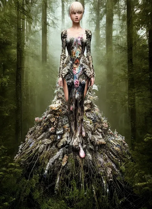 Prompt: a beautiful hyperrealistic ultradetailed 3D, one girl in a magnificent McQueen couture clothes on the background of a futuristic forest, Designer clothes, futuristic clothes, clothes from the future, biopunk, voge photo, fashion style, fullbody, in full growth, photorealistic, high resolution, trending on artstation, highly detailed, volumetric lighting, elegant, details, good clear quality, volumetric lighting, Tree roots Tree roots, portrait, moss