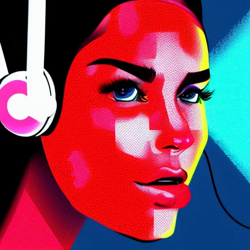 Image similar to a close up of a female face with headphones and retro colours, synthwave style, 2d digital vector art