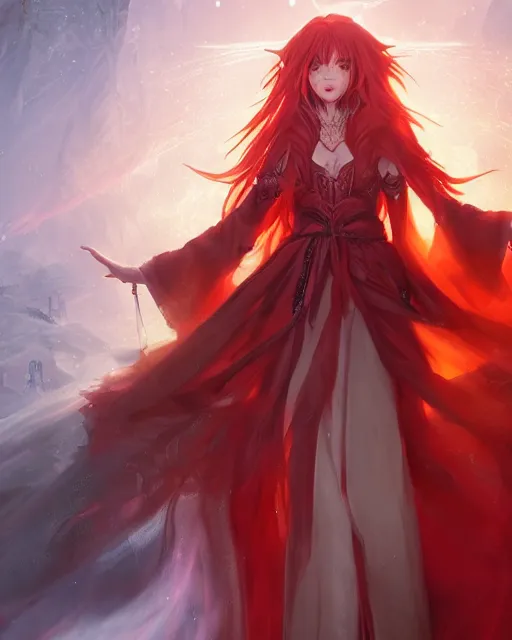 Prompt: a very beautiful anime sorceress, full body, long red hair, cloak with hood, fantasy town setting, cinematic lighting, highly detailed, trending on Artstation, Unreal Engine 4k, cinematic wallpaper by Stanley Artgerm Lau, WLOP, Rossdraws, James Jean, Andrei Riabovitchev, Marc Simonetti, and Sakimichan