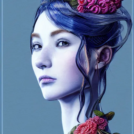 Image similar to the portrait of a blueberry that resembles an absurdly beautiful, graceful, elegant, sophisticated woman, an ultrafine hyperdetailed illustration by kim jung gi, irakli nadar, intricate linework, bright colors, octopath traveler, final fantasy, unreal engine 5 highly rendered, global illumination, radiant light, detailed and intricate environment