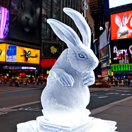Image similar to a realistic ice sculpture of a very scary bunny with sharp teeth made by michelangelo, standing in times square, 3 d render, hyper detailed, sharp focus, 8 k resolution