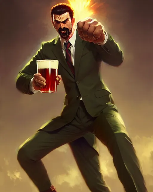 Image similar to gigachad luigi fighting like one punch man in a suit holding a beer can, fantasy character portrait, ultra realistic, full body concept art, intricate details, highly detailed by greg rutkowski, ilya kuvshinov, gaston bussiere, craig mullins, simon bisley