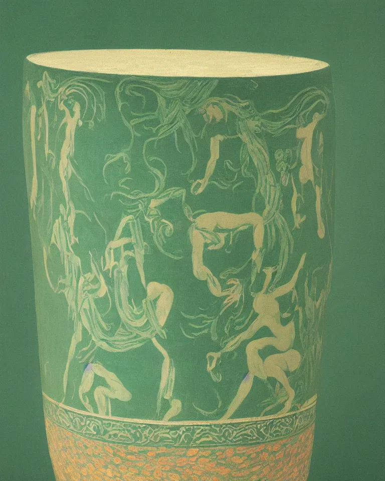 Image similar to achingly beautiful print of intricately painted ancient greek krater on a green pastel background by rene magritte, monet, and turner.