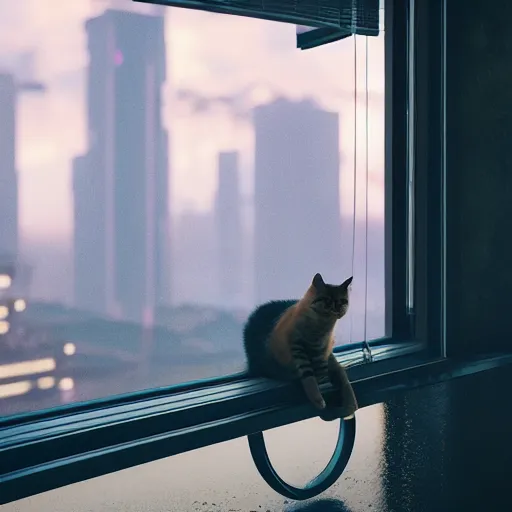 Prompt: A cat sitting on a Windows watching the view of a cyberpunk city, 24mm, 8k, octane render, beautiful, peaceful, cyberpunk, moody, raining, rain, super detailed, dof, volumetric lighting, rtx, raytracing, cyberpunk 2077