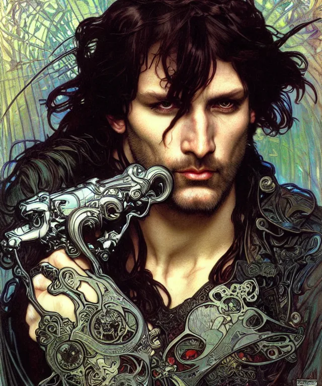 Prompt: realistic detailed face portrait of a rugged handsome male raven prince with ravens by alphonse mucha, ayami kojima, amano, greg hildebrandt, and mark brooks, male, masculine, art nouveau, neo - gothic, gothic, character concept design