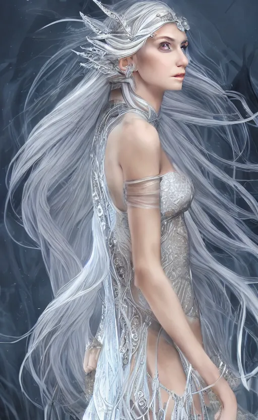 Image similar to an elven woman with long, silver hair cascading down her back. she has delicate, angular features and piercing blue eyes. she's clad in a flowing white dress with intricate silver embroidery, dynamic lighting, photorealistic fantasy concept art, trending on art station, stunning visuals, creative cinematic, ultra detailed