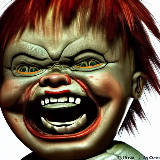 Prompt: screaming chucky doll made of out chihuly glass octane render