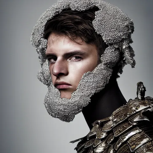 Prompt: a portrait of a beautiful young male wearing an alexander mcqueen armor made of hail , photographed by andrew thomas huang, artistic