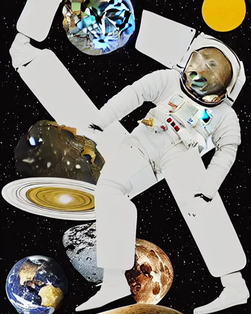 Image similar to A collage, made of random shapes cut from fashion magazines, of Space Travel, landing on the moon, mid-century modern.