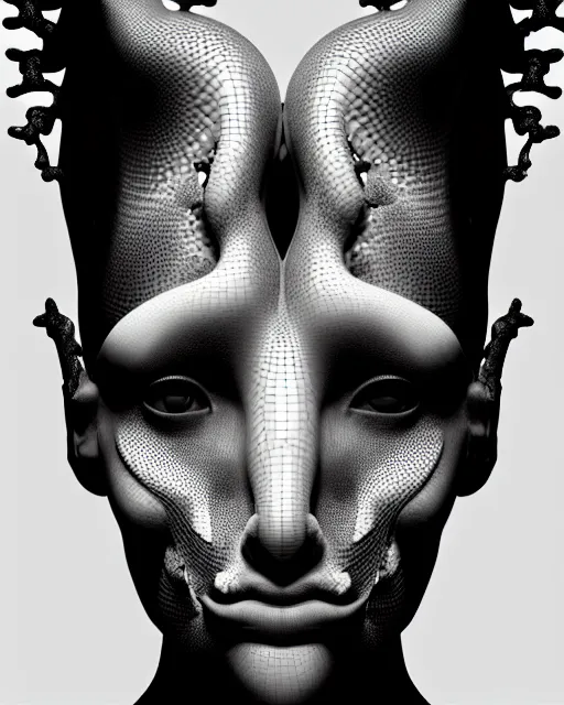 Image similar to a black and white 3D render of a beautiful portrait of a young female angelic-dragon-cyborg face with a very long neck, 150 mm, orchids, Mandelbrot fractal, anatomical, flesh, facial muscles, veins, arteries, full frame, microscopic, elegant, highly detailed, flesh ornate, elegant, high fashion, rim light, ray trace, octane render in the style of H.R. Giger and Man Ray, Realistic, Refined, Digital Art, Highly Detailed, Cinematic Lighting, rim light, black and white, photo-realistic Unreal Engine, 8K