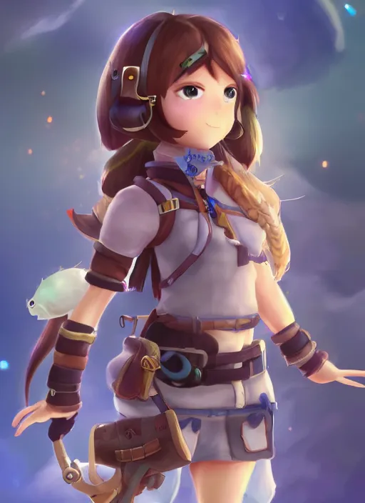 Prompt: female explorer mini cute girl, adoptable, highly detailed, rendered, ray - tracing, cgi animated, 3 d demo reel avatar, style of maple story and aura kingdom, maple story indiana jones, dark skin, cool clothes, soft shade, soft lighting, portrait pose