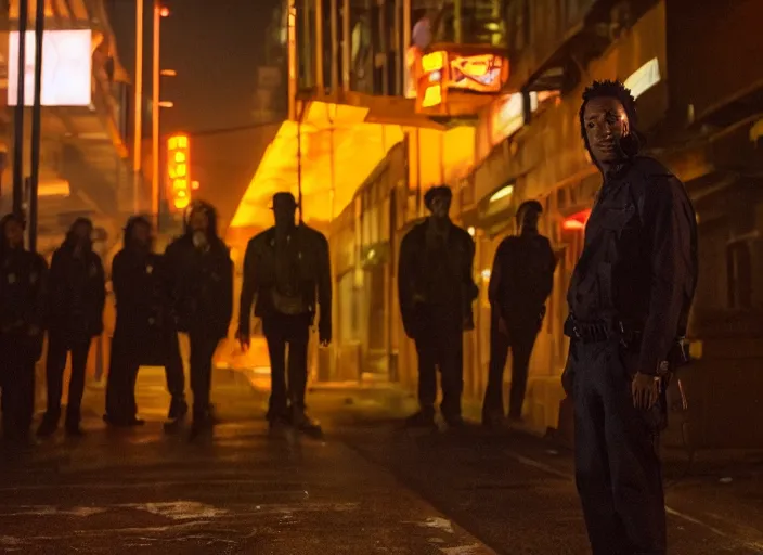 Prompt: First Official image from Denis Villeneuve's new sci-fi film Allegheny, starring Wiz Khalifa as a futuristic police officer in neon-lit nighttime Pittsburgh, filmed by Greig Fraser on Alexa LF. Gorgeous cinematography, shadows, diffused colored gel lighting, film grain, Criterion Collection