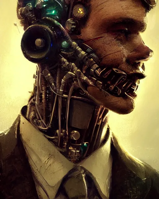 Image similar to a rugged young engineer man with cybernetic enhancements wearing a suit and bowtie, detailed face, scifi character portrait by greg rutkowski, esuthio, craig mullins, 1 / 4 headshot, cinematic lighting, dystopian scifi gear, gloomy, profile picture, mechanical, half robot, implants, steampunk