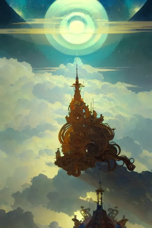 Image similar to a huge ship in the clouds high in the sky moonlight, ssci - fi and fantasy, intricate and very beautiful and elegant, highly detailed, digital painting, artstation, concept art, smooth and sharp focus, ( ( illustration, art by tian zi and wlop and alphonse mucha ) )