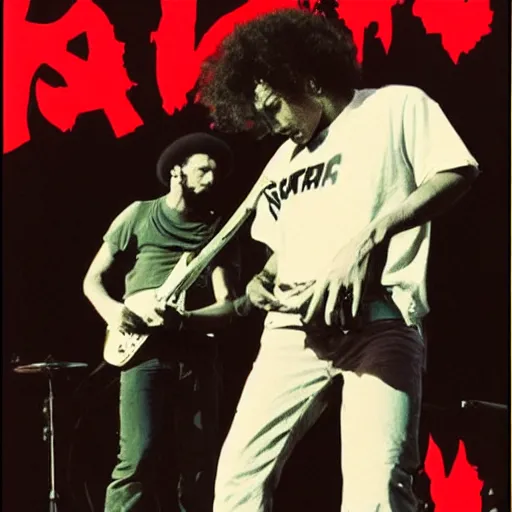 Image similar to Rage Against the Machine, live in concert 1994, Zack de la Rocha, Tom Morello, alternative metal, 1994 VHS quality