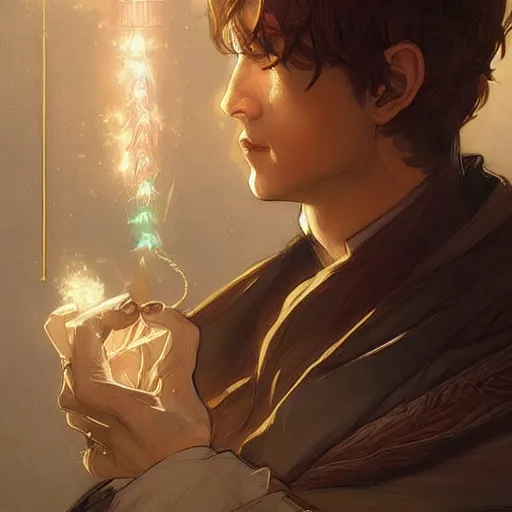 Image similar to digital character concept art by artgerm and greg rutkowski and alphonse mucha. clear portrait of a male half elf bard with light brown hair, light effect. hyper detailed, glowing lights!! intricate, elegant, digital painting, artstation, smooth, sharp focus