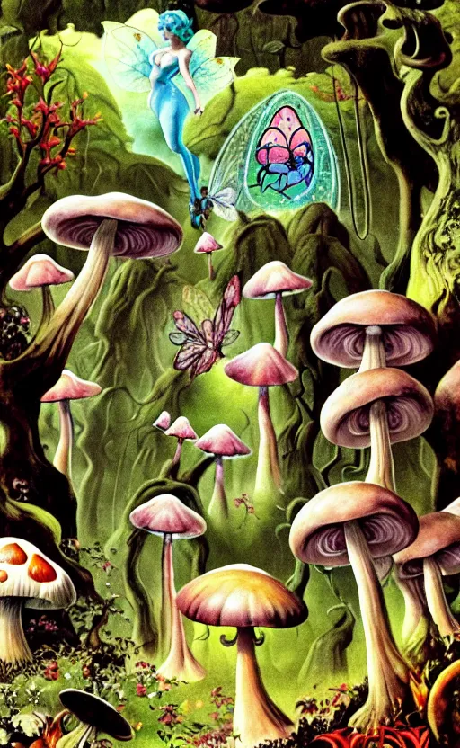 Prompt: fairies, enchanted forest, mushrooms on the ground, psychedelic, wide angle shot, white background, vector art, illustration by frank frazetta and salvador dali