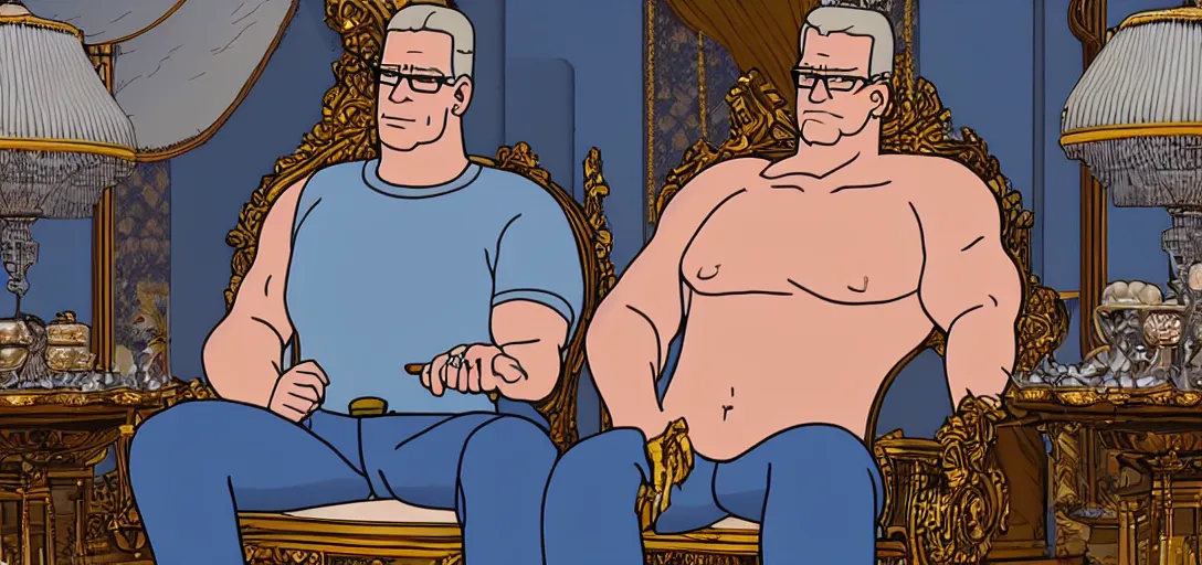 Image similar to hank hill sitting on a throne of propane, beautiful, ornate, 8 k, movie still