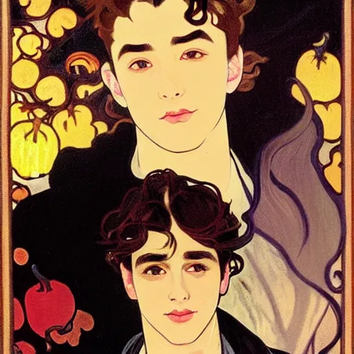 Image similar to painting of young cute handsome beautiful dark medium wavy hair man in his 2 0 s named shadow taehyung and cute handsome beautiful min - jun together at the halloween! party, bubbling cauldron!, candles!, smoke, autumn! colors, elegant, wearing suits!, delicate facial features, art by alphonse mucha, vincent van gogh, egon schiele