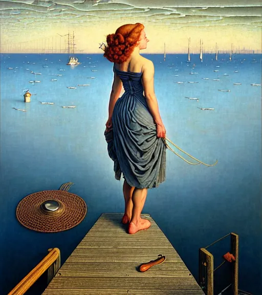 Image similar to a fancy beautiful young lady standing on a wharf at the edge of the sea by rob gonsalves and brom and gil elvgren and jean delville and william blake and norman rockwell and dan mumford, crisp details, hyperrealism, high detail, high contrast, low light, grey mist, cobblestones, dim lantern