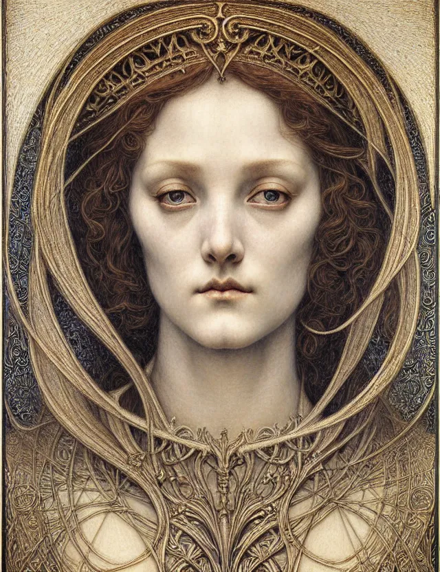 Image similar to detailed realistic beautiful young medieval queen face portrait by jean delville, gustave dore and marco mazzoni, art nouveau, symbolist, visionary, gothic, pre - raphaelite. horizontal symmetry