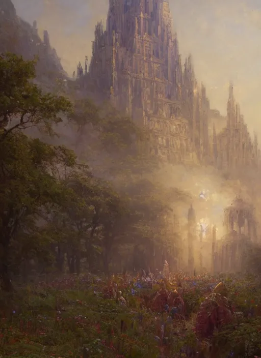 Image similar to giant castle temple megastructure in meadow by gaston bussiere, anna nikonova aka newmilky, greg rutkowski, yoji shinkawa, yoshitaka amano, moebius, donato giancola, geoffroy thoorens, trending on artstation, pixiv, cinematic composition, 8 k