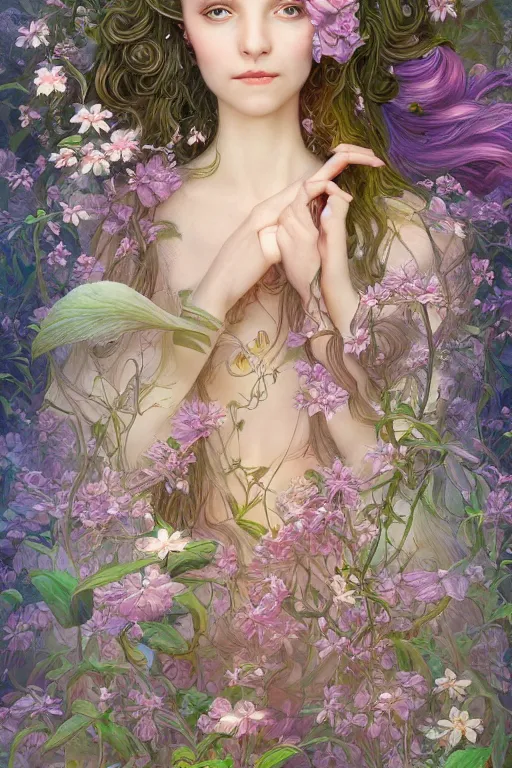 Image similar to a portrait of a beautiful elvish goddess with flowers in her hairs , fairy-like , 8k, highly detailed, sharp focus, ethereal clothes, astral environment, in style of Anna Dittmann and Mark Arial and Artgerm and Gerald Brom