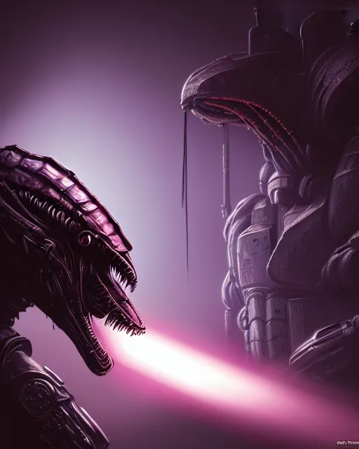 Image similar to Sci-Fi Crocodile alien, armored, big, art by Kashin, Wadim, Martinière, Stephan, holding rifle, sharp focus, pitch black cursed evil Spaceship hallway, dark light, soft purple glow, heroic pose, sci-fi artwork, octane render, dead space artwork, cyberpunk, warm light, occult, magical, volumetric lighting, 8k high definition, highly detailed, trending on art Station, centered, by Greg Rutkovski, sci-fi artwork, arnold render