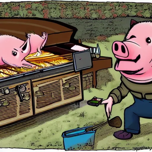 Image similar to a pig screaming in horror as another pig gets barbequed, funny, by Disney