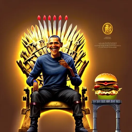 Image similar to barrack obama eating a cheese burger sitting on the iron throne, concept art, intricate, highly detailed, 8 k, trending on artstation, art greg rutkowski, by jordan grimmer