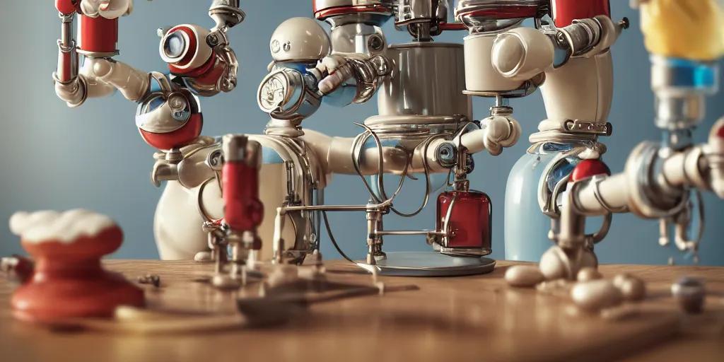 Image similar to closeup portrait of tin toy retro chemist robot cooking pastry cake in a kitchen, depth of field, zeiss lens, detailed, centered, fashion photoshoot, by nicoletta ceccoli, mark ryden, lostfish, breathtaking, 8 k resolution, extremely detailed, beautiful, establishing shot, artistic, hyperrealistic, octane render