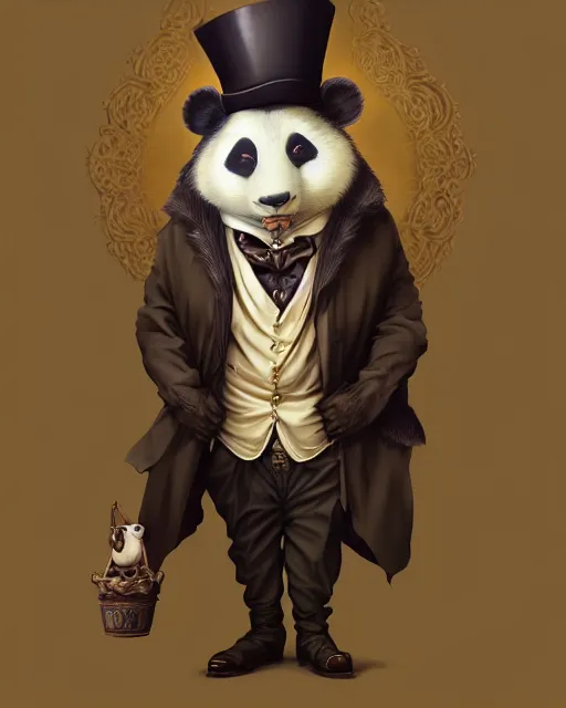 Image similar to anthropomorphic art of a detective panda, victorian inspired clothing by artgerm, victo ngai, ryohei hase, artstation. fractal papersand books. highly detailed digital painting, smooth, global illumination, fantasy art by greg rutkowsky, karl spitzweg