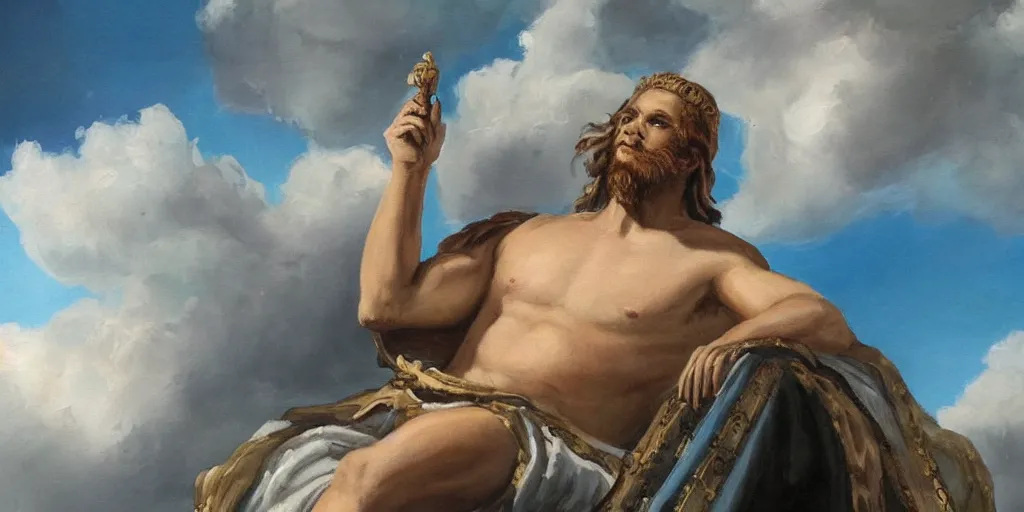 Image similar to a beautiful painting of zeus on his throne by the clouds.