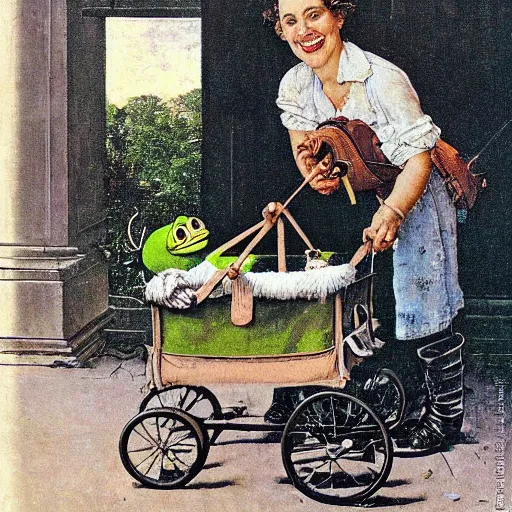 Image similar to pepe the frog with baby carriage by norman rockwell