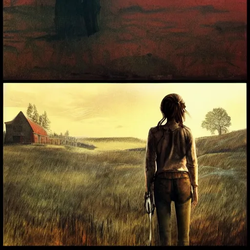 Image similar to Elle Fanning in the painted world of The Last of Us, head and shoulders masterpiece, apocalypse, golden hour, cosmic horror, artstation, in the style of Andrew Wyeth and Edward Hopper and Bosch, extremely detailed