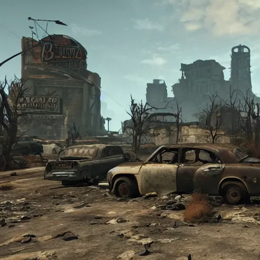 Prompt: a post apocalyptic wasteland with crumbling buildings, vintage cars, and rubble strewn about in the style of Fallout New Vegas by Bethesda Game Studios