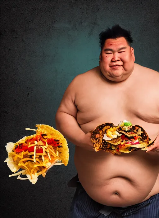 Prompt: sumo wrestler eating crispy tacos, holding hot sauce, portrait, photo realism, bokeh background, neon lights, city background, high definition, slr