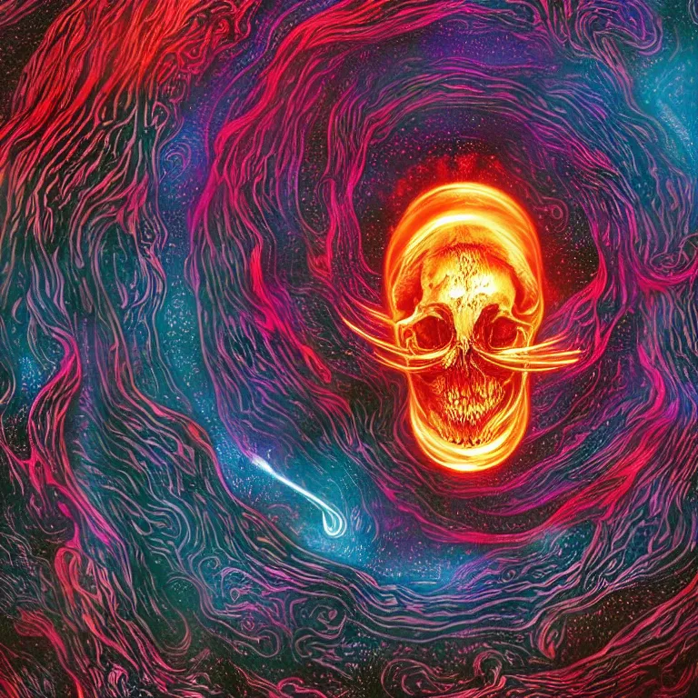 Image similar to a centered giant skull with intricate rune carvings and glowing eyes with thick lovecraftian tentacles emerging from a space nebula by dan mumford, symmetry, twirling smoke trail, a twisting vortex of dying galaxies, digital art, vivid colors, highly detailed