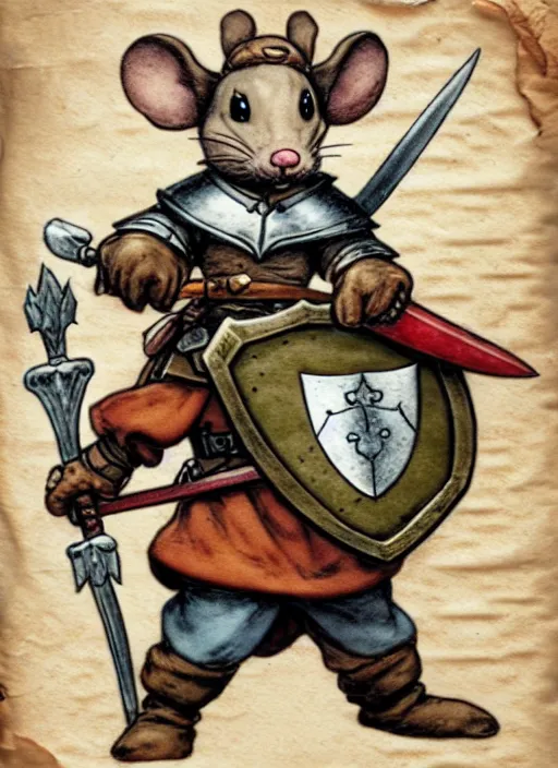Image similar to a porcelain heroic mouse knight with sword and shield on a parchment background, redwall, greg rutowski and jean baptiste monge, detailed, epic fantasy