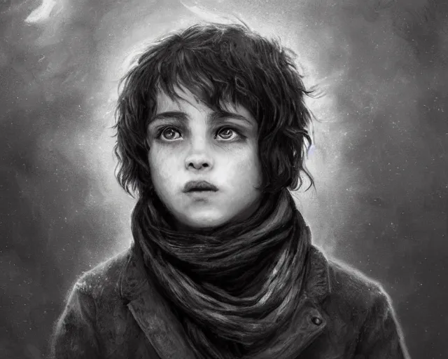 Image similar to a black and white highly detailed digital painting of a young boy with a red scarf, medium long brown hair, green eyes, is looking at a bird, ethereal, horror, fantasy art by greg rutkowski and magali villeneuve and claude monet black and white but the eyes are green and the scarf is red